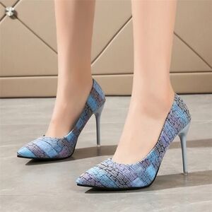 WenFuNi Blue Crackle Heels With Red Bottoms and Clear Arcylic Heel Cap